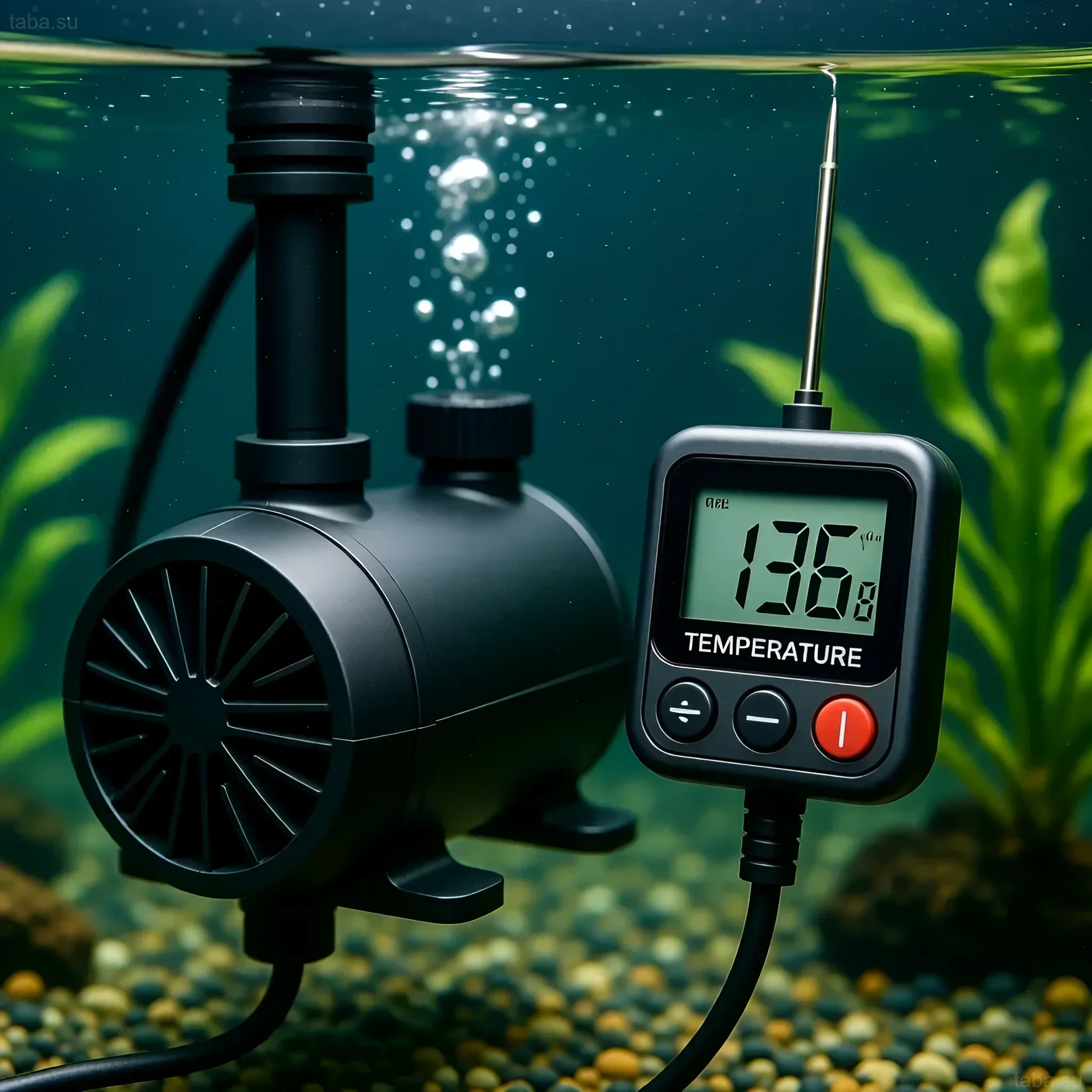 डिजिटल डिस्प्ले वाले एक्वेरियम हीटर की तस्वीर, जो पानी का तापमान दिखा रहा है। उष्णकटिबंधीय मछलियों के लिए इष्टतम गर्मी बनाए रखना।