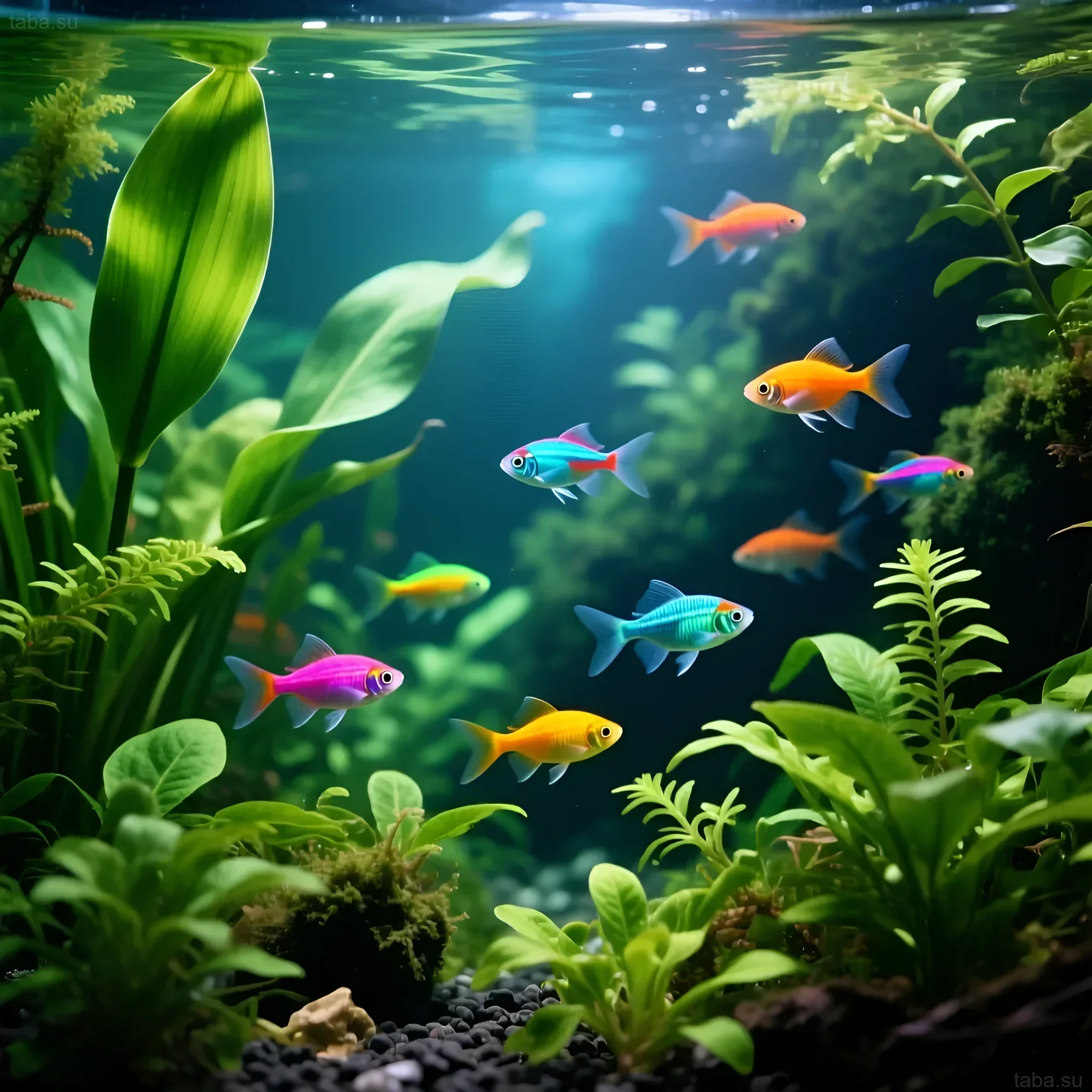 Яркий аквариум с неоновыми тетрами, гуппи и густой растительностью. Идеальная среда для тропических рыб, демонстрирующая здоровый аквариум.