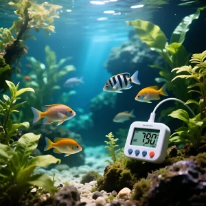 Фотография тропического аквариума с яркими рыбами и термометром, показывающим 26 градусов Цельсия. Идеальная среда для экзотических видов.