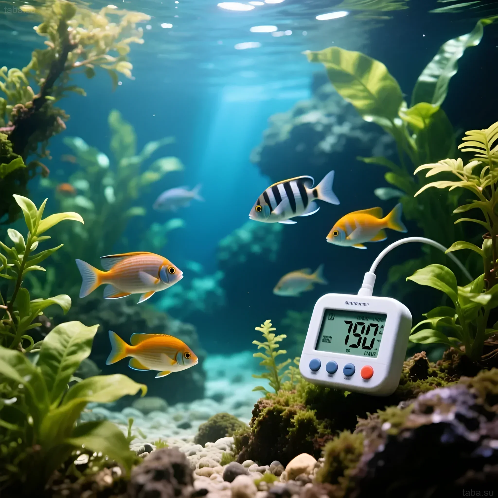 26 डिग्री सेल्सियस दिखाने वाले थर्मामीटर के साथ उष्णकटिबंधीय एक्वेरियम की तस्वीर जिसमें चमकीली मछलियां हैं। विदेशी प्रजातियों के लिए आदर्श वातावरण।