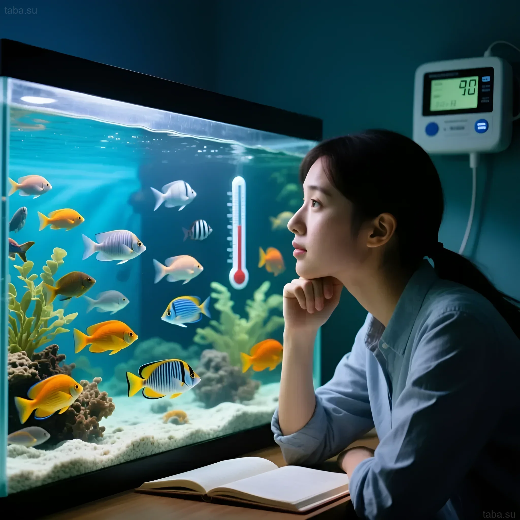 पौधों और पानी के तापमान के नियंत्रण के महत्व को दर्शाते हुए थर्मामीटर के साथ एक सुंदर उष्णकटिबंधीय एक्वेरियम जिसमें चमकीली मछलियां हैं।