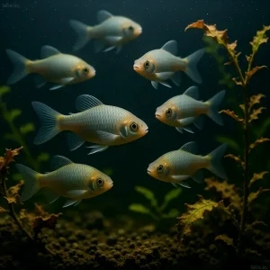 Фотография стайки серебристых барбусов в аквариуме с растениями. Иллюстрация для статьи о поддержании оптимальной температуры воды для тропических рыб.