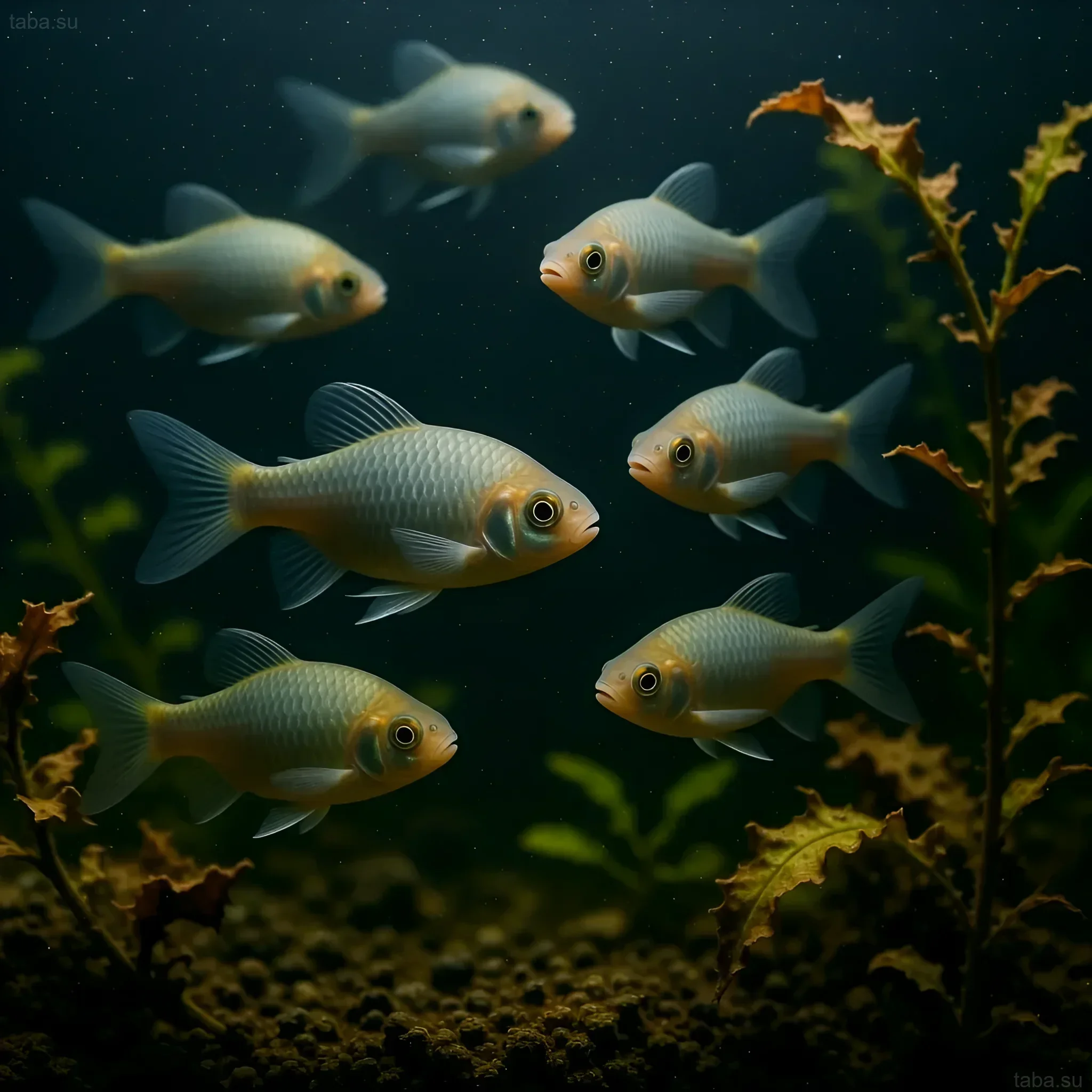 पौधों के साथ एक्वेरियम में चांदी के बार्ब्स के झुंड की तस्वीर। उष्णकटिबंधीय मछलियों के लिए इष्टतम पानी के तापमान को बनाए रखने पर लेख के लिए चित्रण।