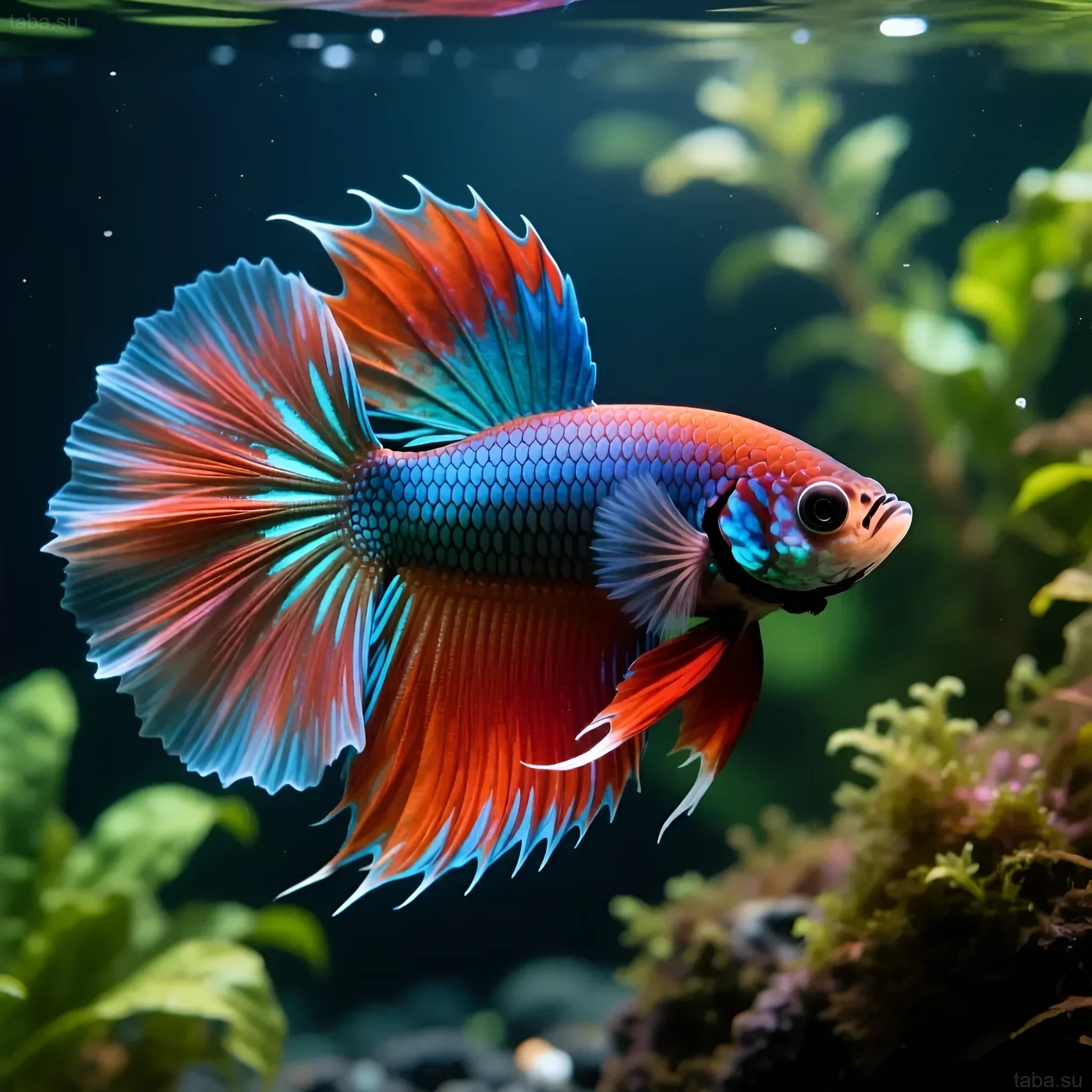 घनी आबादी वाले एक्वेरियम में एक चमकीला सियामी फाइटरफिश (Betta splendens) की तस्वीर। उष्णकटिबंधीय मछलियों और देखभाल के लिए इष्टतम तापमान।