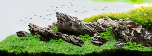 Изображение аквариума с использованием камней Дракон, создающих эффект скалистого ландшафта, населенного стайкой ярких рыб расбора.