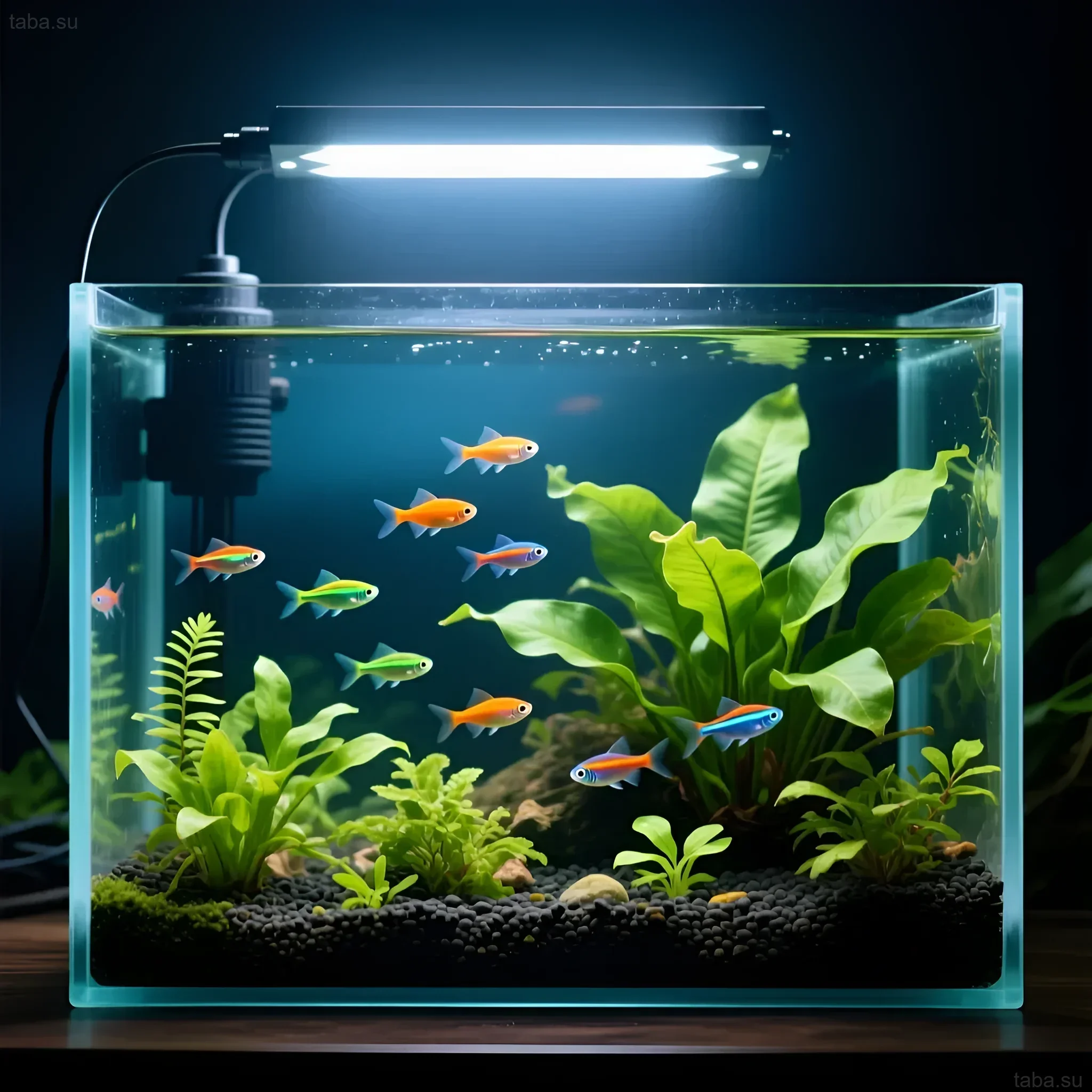 Яркий аквариум с неоновыми тетрами и неприхотливыми растениями, освещенный доступным LED-прожектором. Идеален для начинающих аквариумистов.