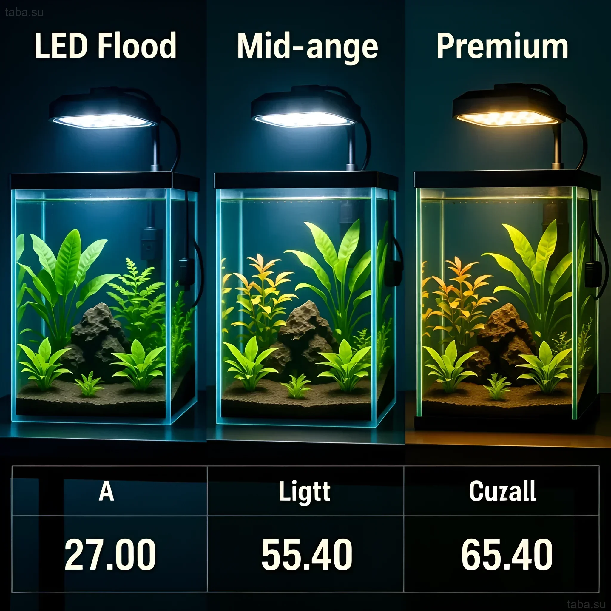 Three aquariums with different LED floodlights: comparison of lighting, plants, and cost. Selecting light for simple aquarium plants.