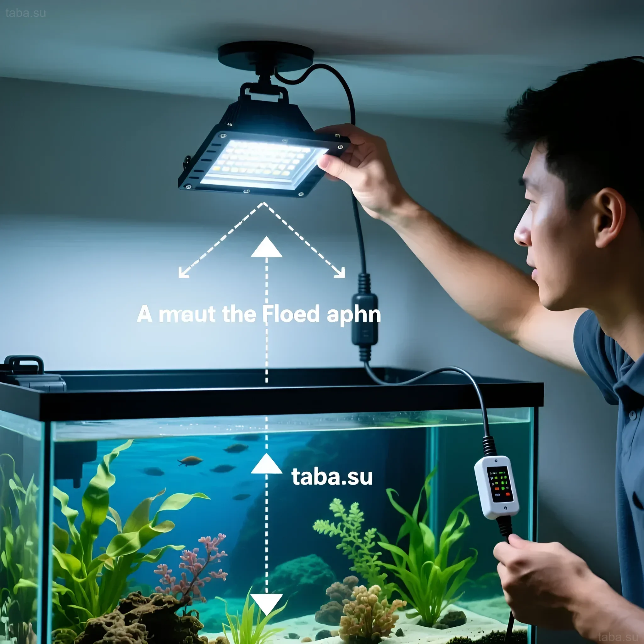 Photograph demonstrating the installation of an LED floodlight over an aquarium with plants and fish. Ideal for beginner aquarists and undemanding plants.