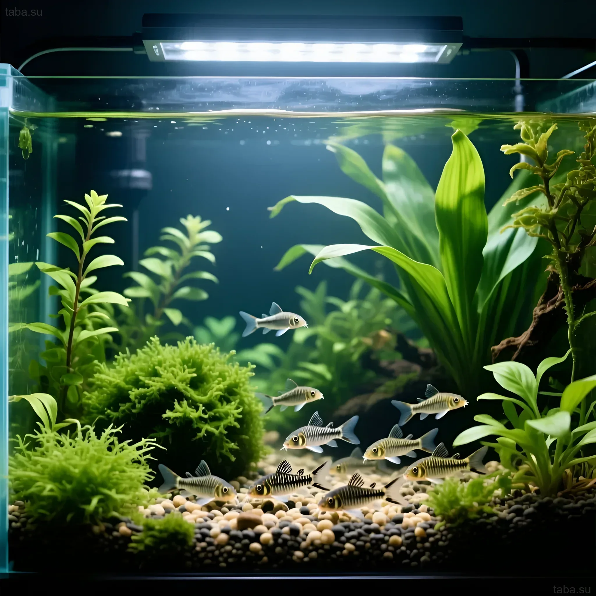 Photograph of an aquarium with LED lighting, demonstrating healthy growth of undemanding plants and active corydoras. Ideal for beginner aquarists.