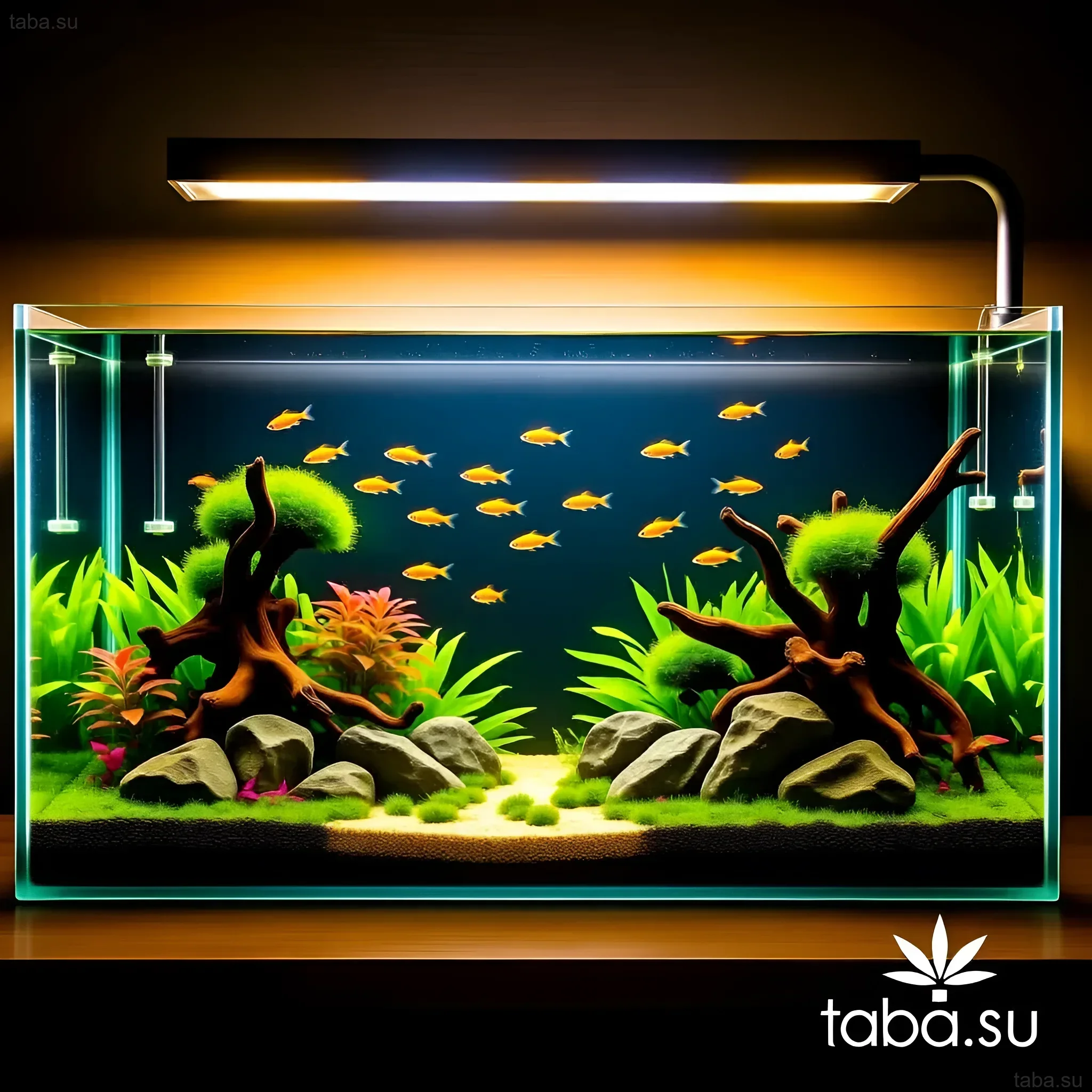 Bright aquarium with barbs and green plants illuminated by an LED floodlight. An ideal example for beginner aquarists.