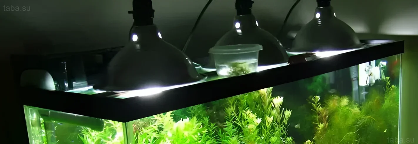 Photograph of an aquarium with dense vegetation, illuminated by three LED floodlights. An effective and affordable solution for plant growth.