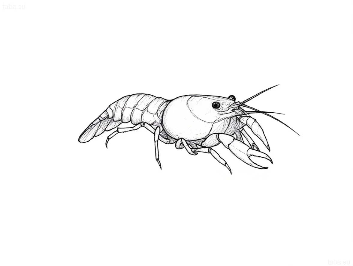 Clear graphic sketch of a Mexican dwarf crayfish (CPO) for a tattoo, showing detailed anatomy and shell texture.