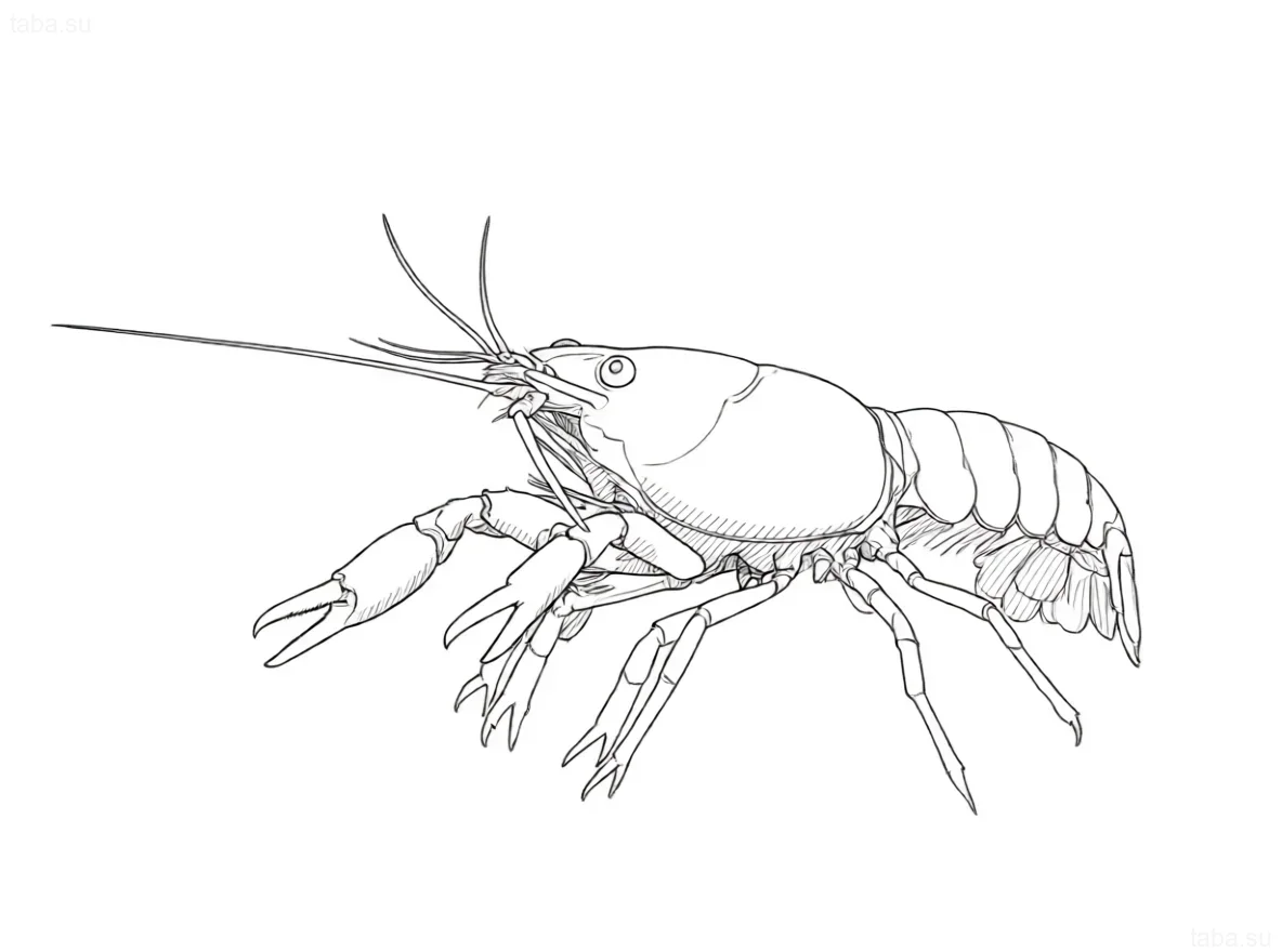 Clear contour drawing of an orange Mexican dwarf crayfish (CPO) – an ideal sketch for a tattoo, showing the anatomy of the crustacean.