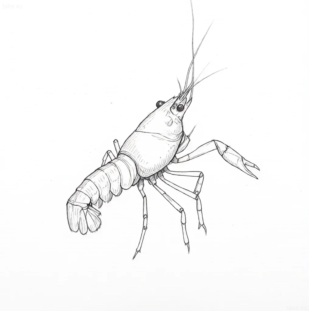 Detailed sketch of a Mexican dwarf crayfish (CPO) for a tattoo, done in a graphic drawing style, emphasizing its vibrant coloration.