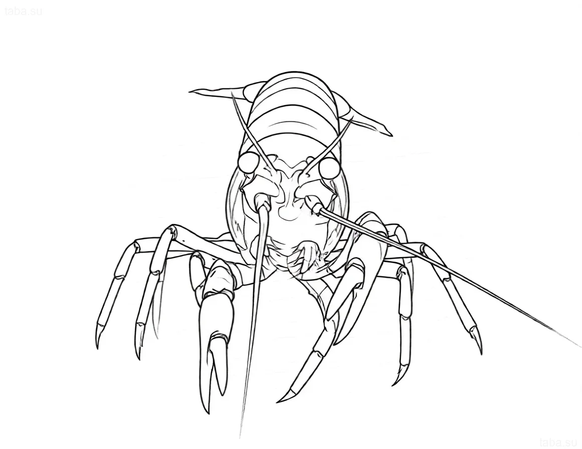Clear contour drawing of a Mexican dwarf crayfish (CPO) for a tattoo sketch, showing detailed anatomy and vibrant character.