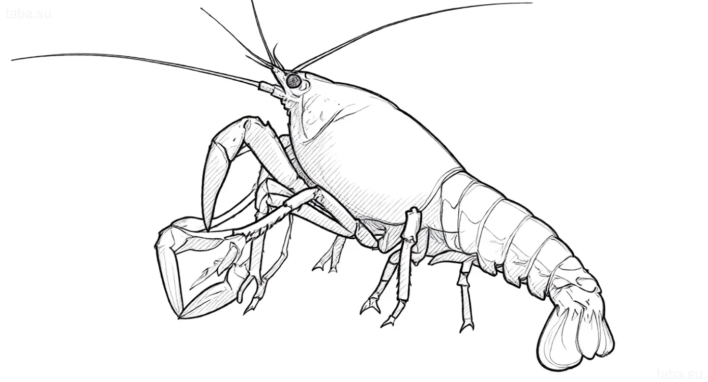 Detailed black and white sketch of a Mexican dwarf crayfish (CPO) for a tattoo, showing anatomy and vibrant coloration.