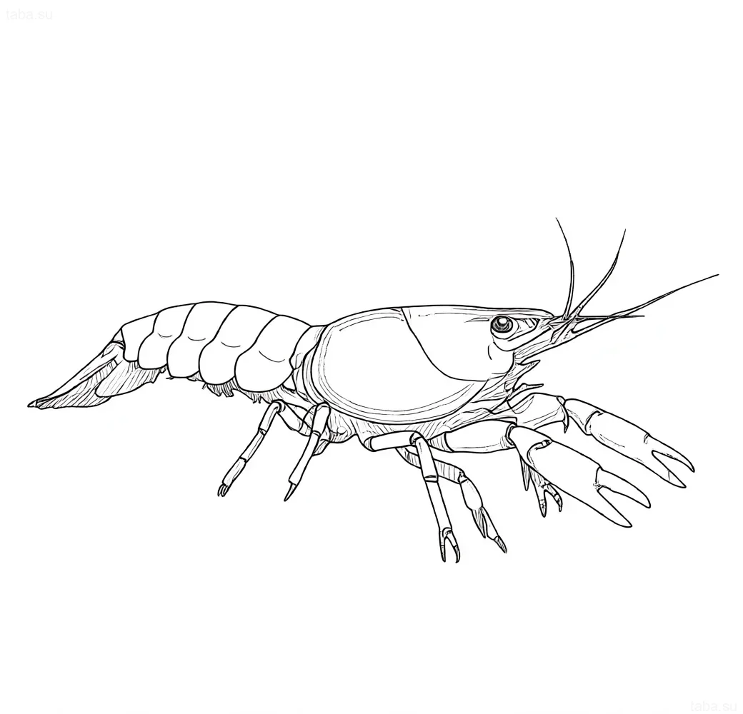 Clear contour drawing of an orange Mexican dwarf crayfish (CPO) – an ideal sketch for a tattoo, showing the anatomy of the crustacean.