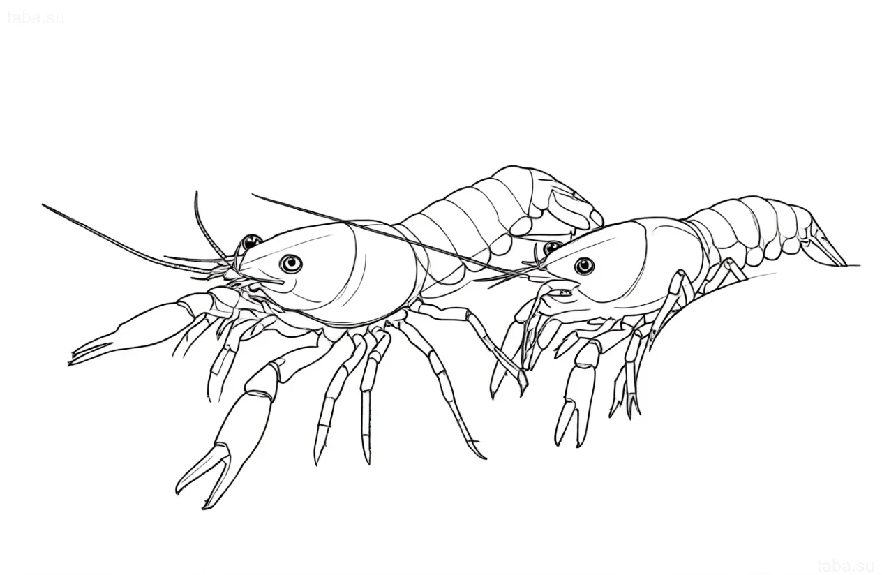 Clear contour drawing of two Mexican dwarf crayfish (CPO) for a tattoo sketch, showing their vibrant coloration and detail.