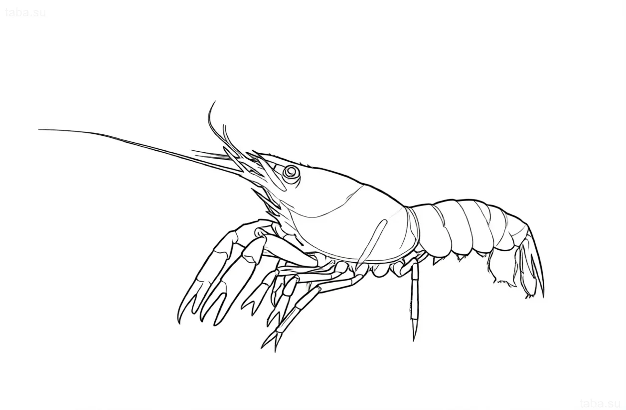 Clear contour drawing of a Mexican dwarf crayfish (CPO) for a tattoo, showing anatomy and vibrant coloration.
