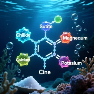 Иллюстрация молекулярной структуры морской соли с обозначением основных элементов: кальций, магний, калий и других. Подходит для морских аквариумов.