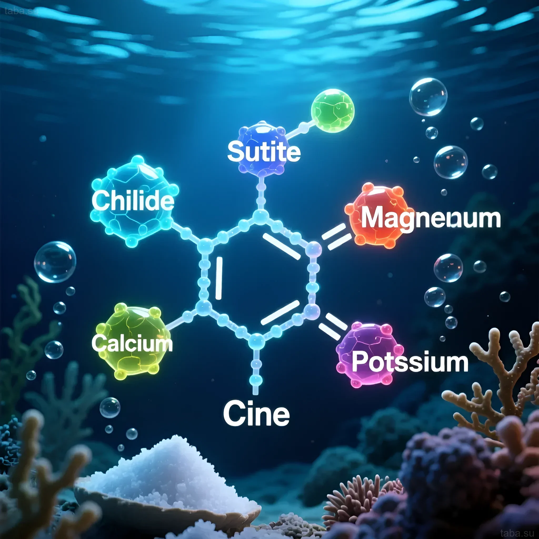 Иллюстрация молекулярной структуры морской соли с обозначением основных элементов: кальций, магний, калий и других. Подходит для морских аквариумов.