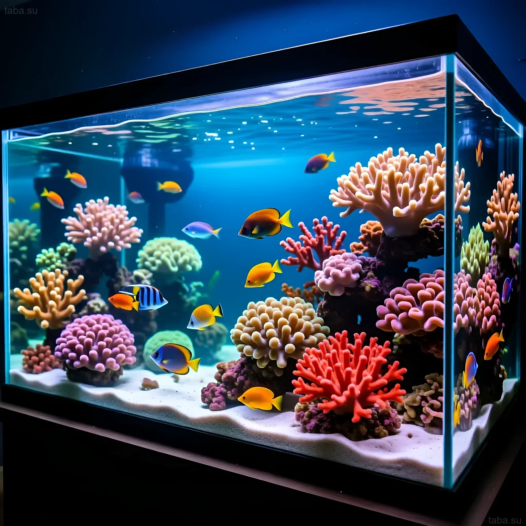 Фотография зрелого морского аквариума с разнообразными кораллами и яркими рыбами. Идеальный пример рифовой экосистемы в домашних условиях.