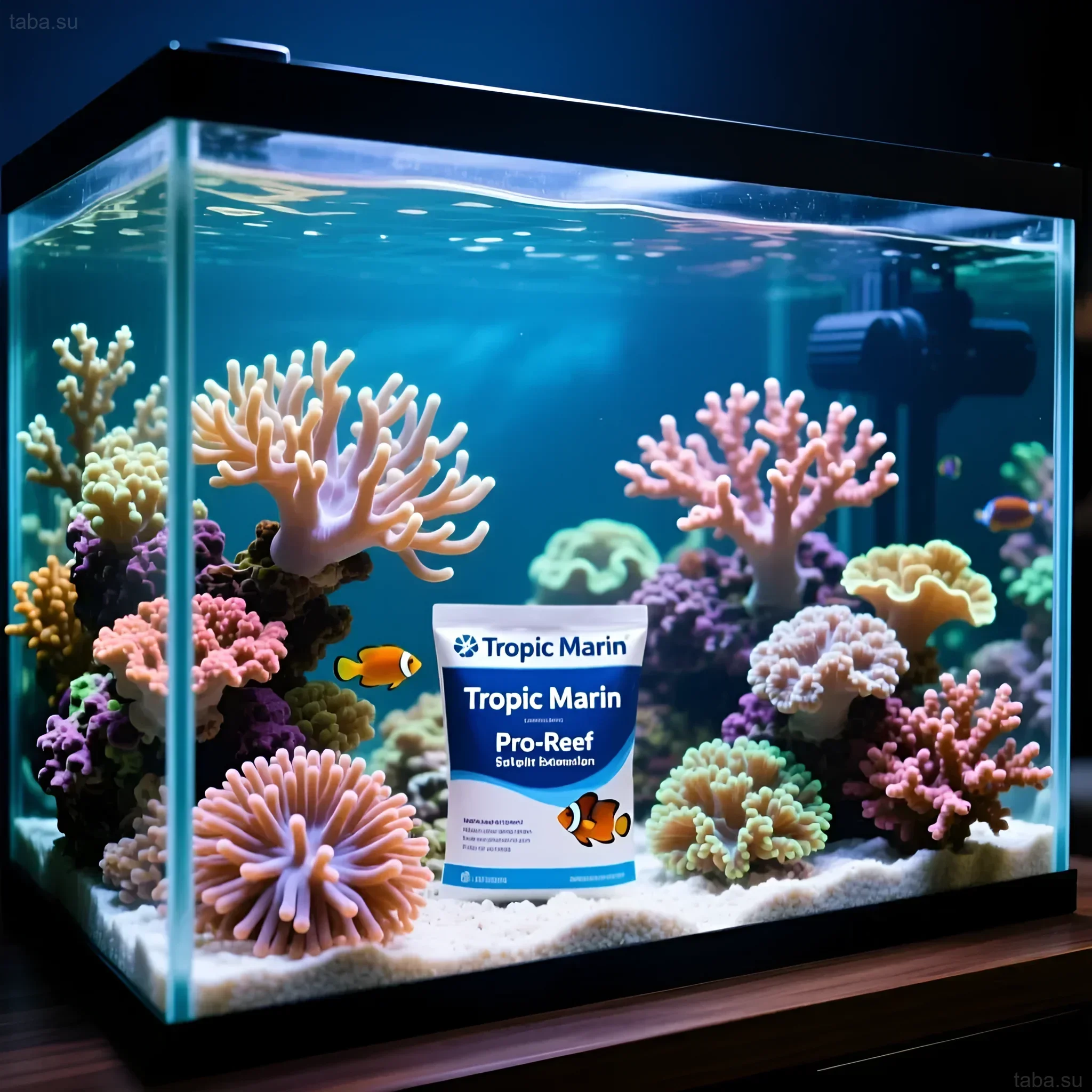 Фотография морского аквариума с яркими кораллами и рыбками, демонстрирующая преимущества использования качественной морской соли Tropic Marin Pro-Reef.