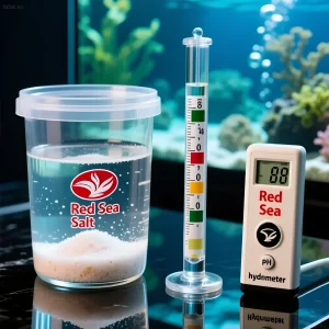 Иллюстрация процесса измерения солености морской воды с использованием ареометра и pH-метра Red Sea для поддержания здоровья рифов.