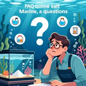 Иллюстрация морского аквариума с коралловыми рифами и задумчивым аквариумистом, символизирующая вопросы о выборе морской соли.
