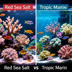 Яркий морской аквариум с кораллами и рыбами, демонстрирующий разницу в визуальном эффекте от солей Red Sea и Tropic Marin.