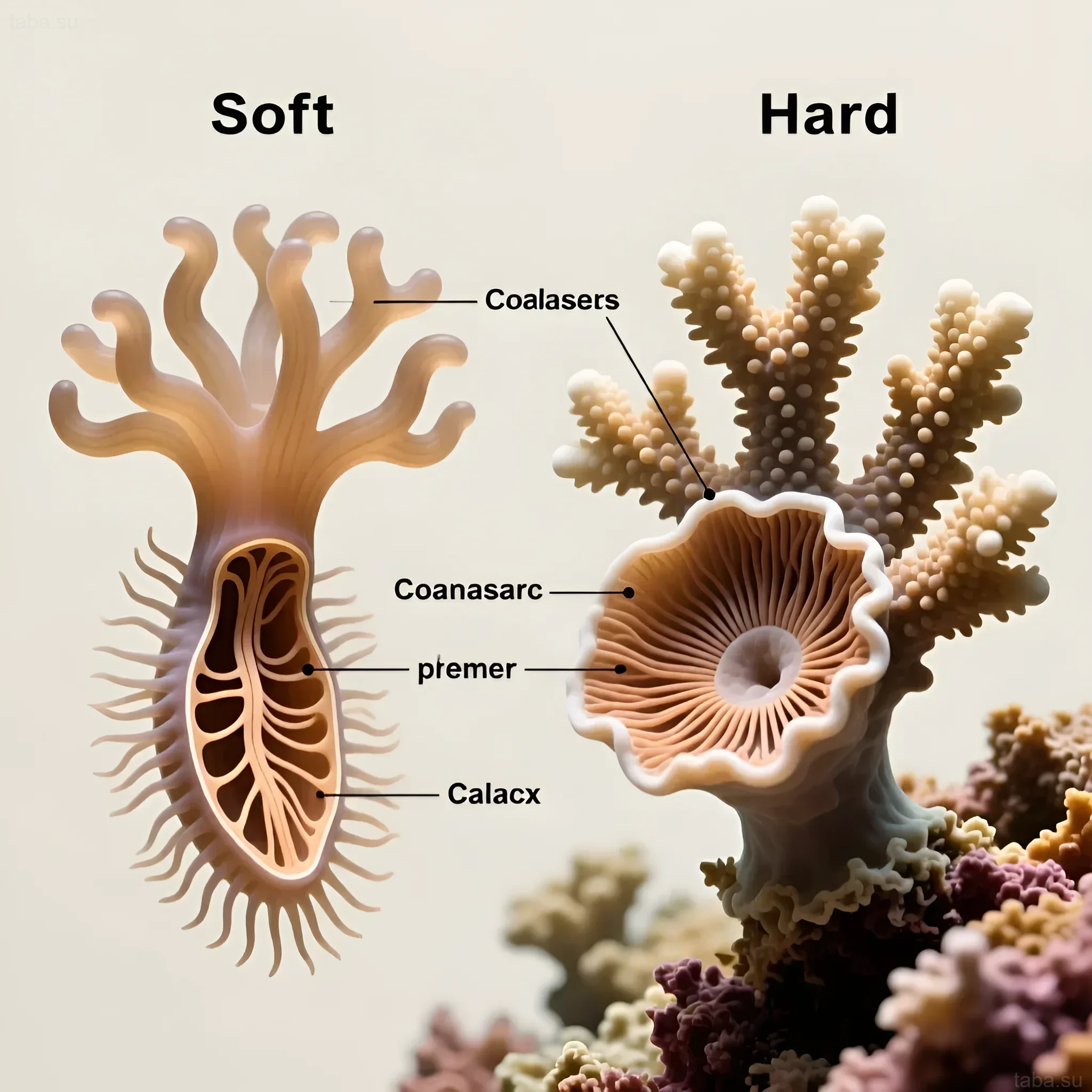 Comparative image of a soft and hard coral with anatomical elements indicated. Illustration for beginner aquarists.