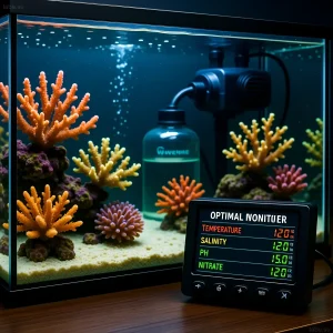 Фотография морского аквариума с разнообразными мягкими кораллами оранжевых и красных оттенков, системой фильтрации и цифровым монитором параметров воды.