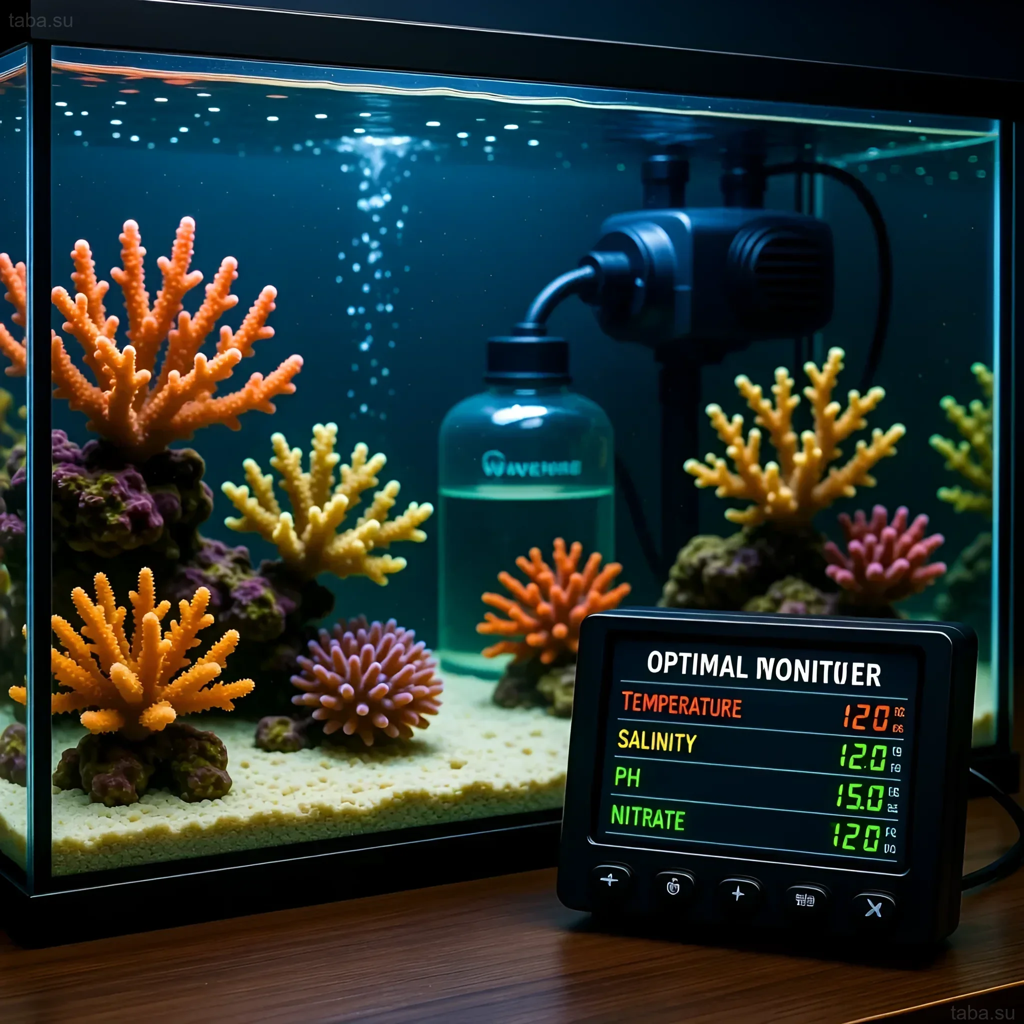 Photograph of a marine aquarium with various orange and red soft corals, a filtration system, and a digital water parameter monitor.