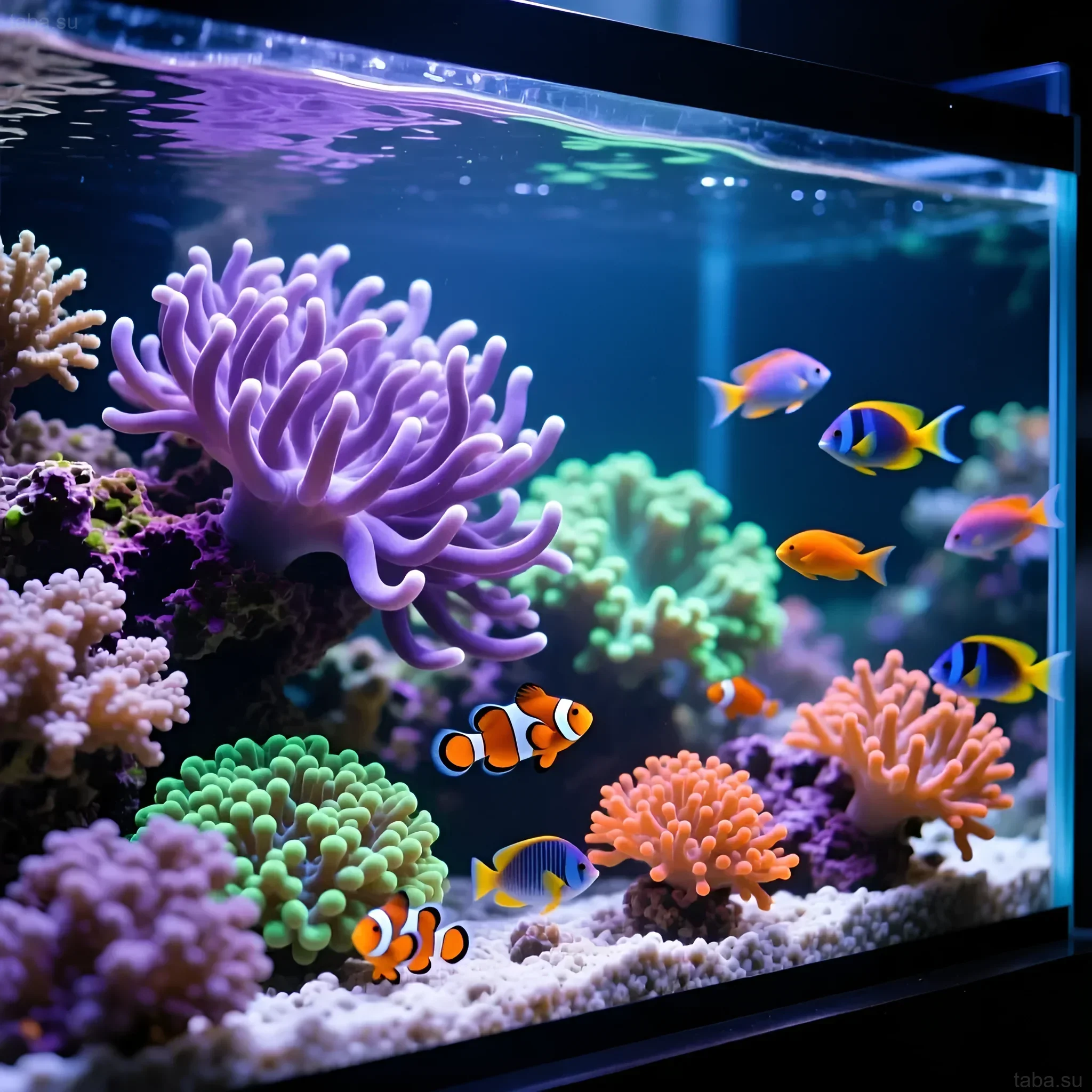 Яркий морской аквариум с разнообразными мягкими кораллами, рыбами-клоунами и другими тропическими обитателями. Идеально для начинающих морских аквариумистов.
