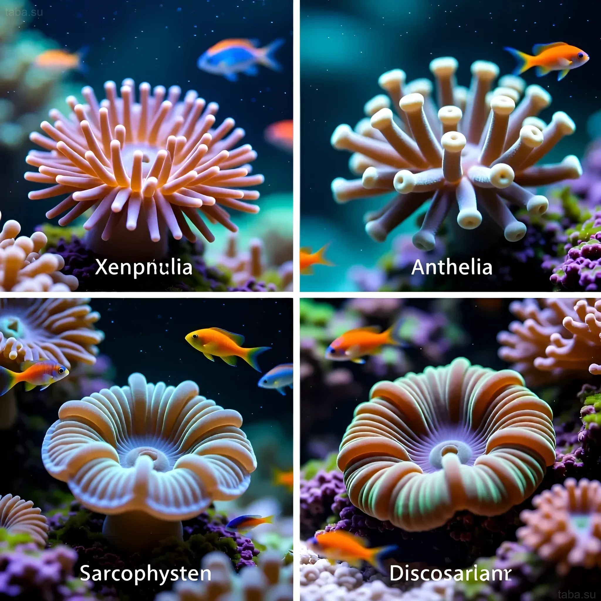 Photograph of four types of soft corals in a marine aquarium: Xenphelia, Anthelia, Sarcophyton, and Discosoma, with colorful fish.