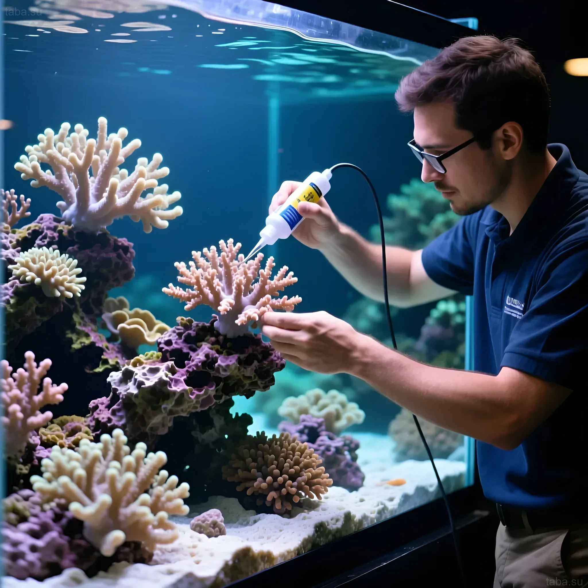 Photograph of the process of attaching corals to rocks in a marine aquarium. Careful placement and fixation of soft corals to create a beautiful reef.