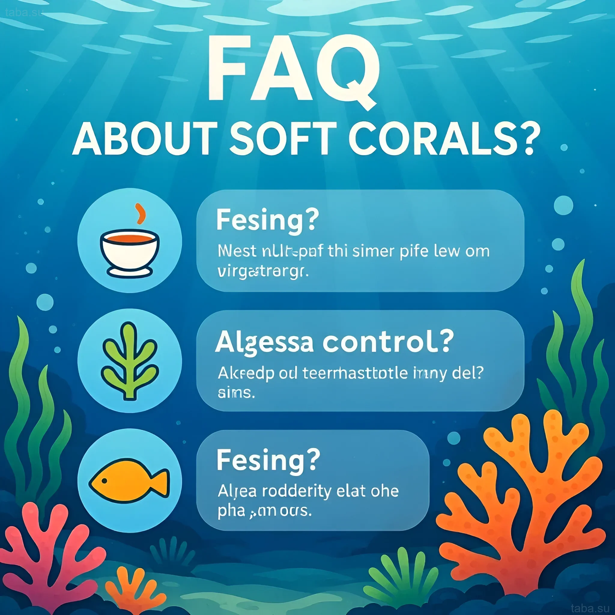 Illustration with questions about keeping soft corals in a marine aquarium: feeding, algae control, and general questions.