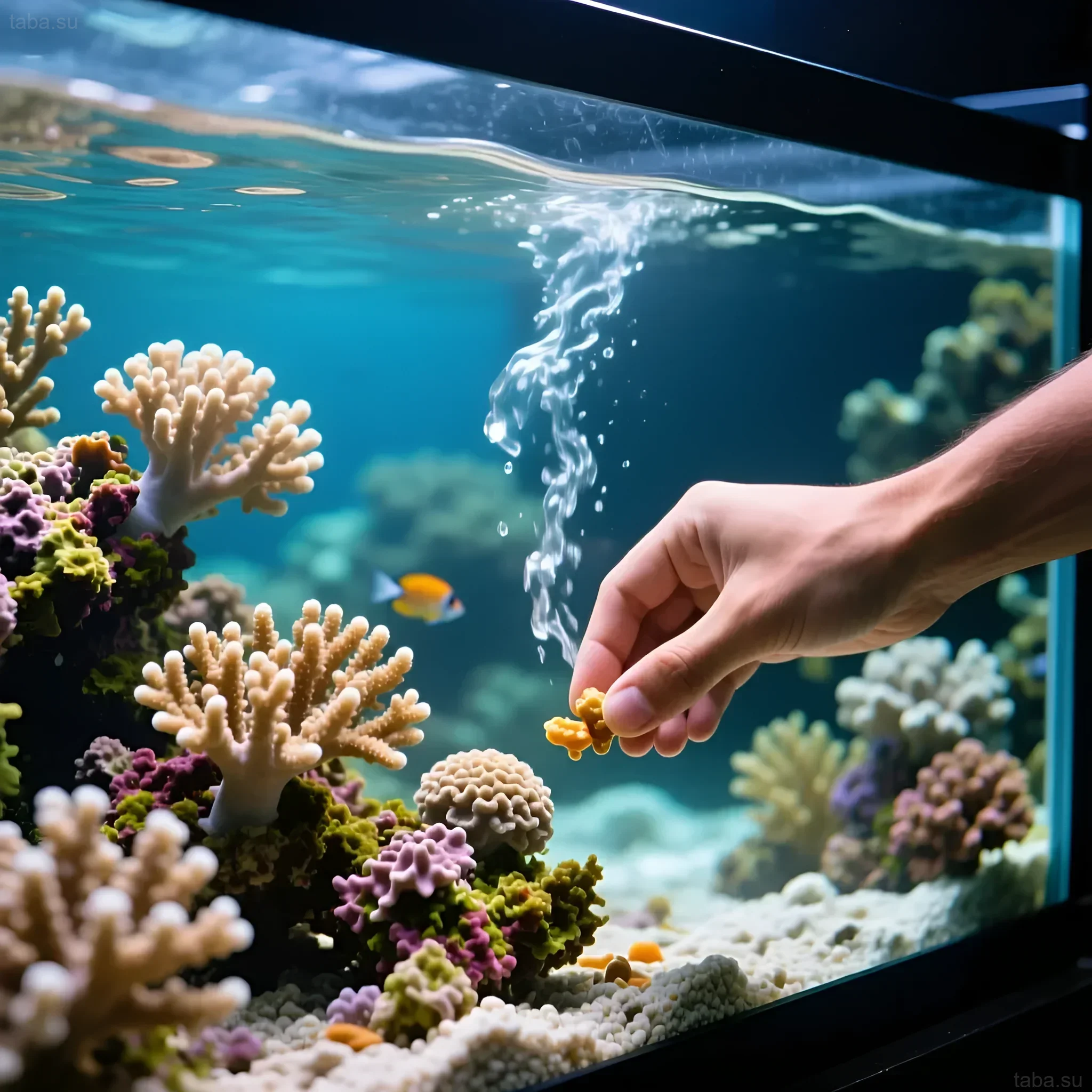 Photograph of a marine aquarium with soft corals and fish, demonstrating the process of manual feeding to maintain ecosystem health.