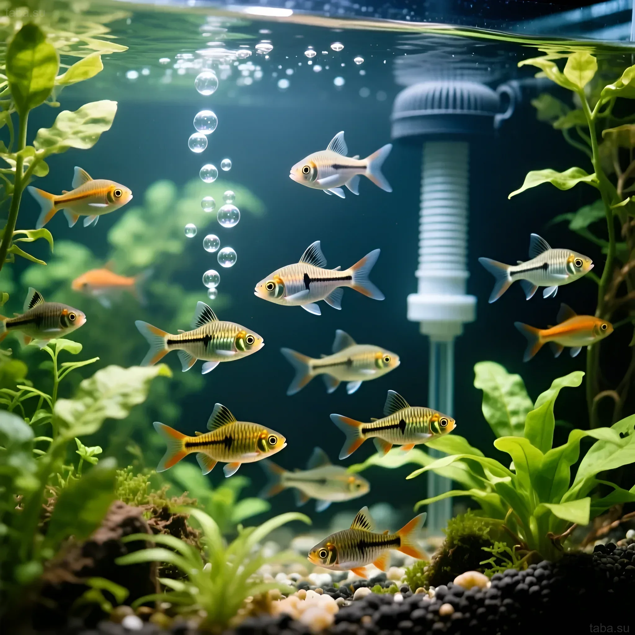 Фотография аквариума с барбусами Суматры, густой растительностью и фильтром, обеспечивающим аэрацию воды. Идеальный баланс для здоровой жизни рыб.