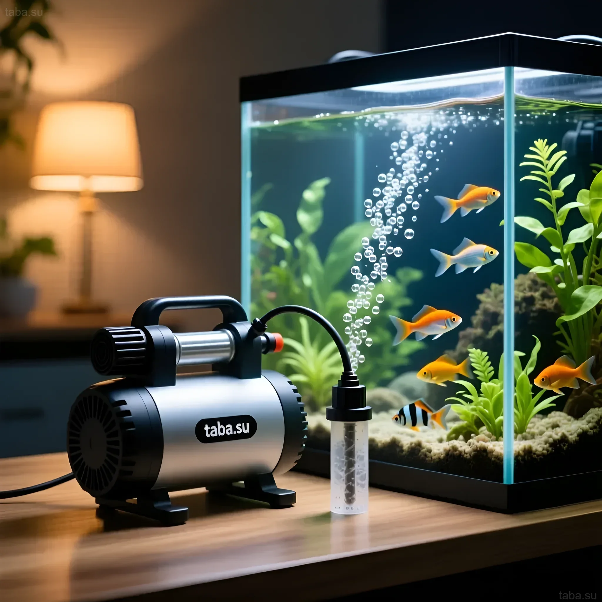 Image d'un aquarium avec un compresseur et un aérateur en fonctionnement, démontrant l'importance de l'oxygène pour la santé des poissons rouges et des plantes.