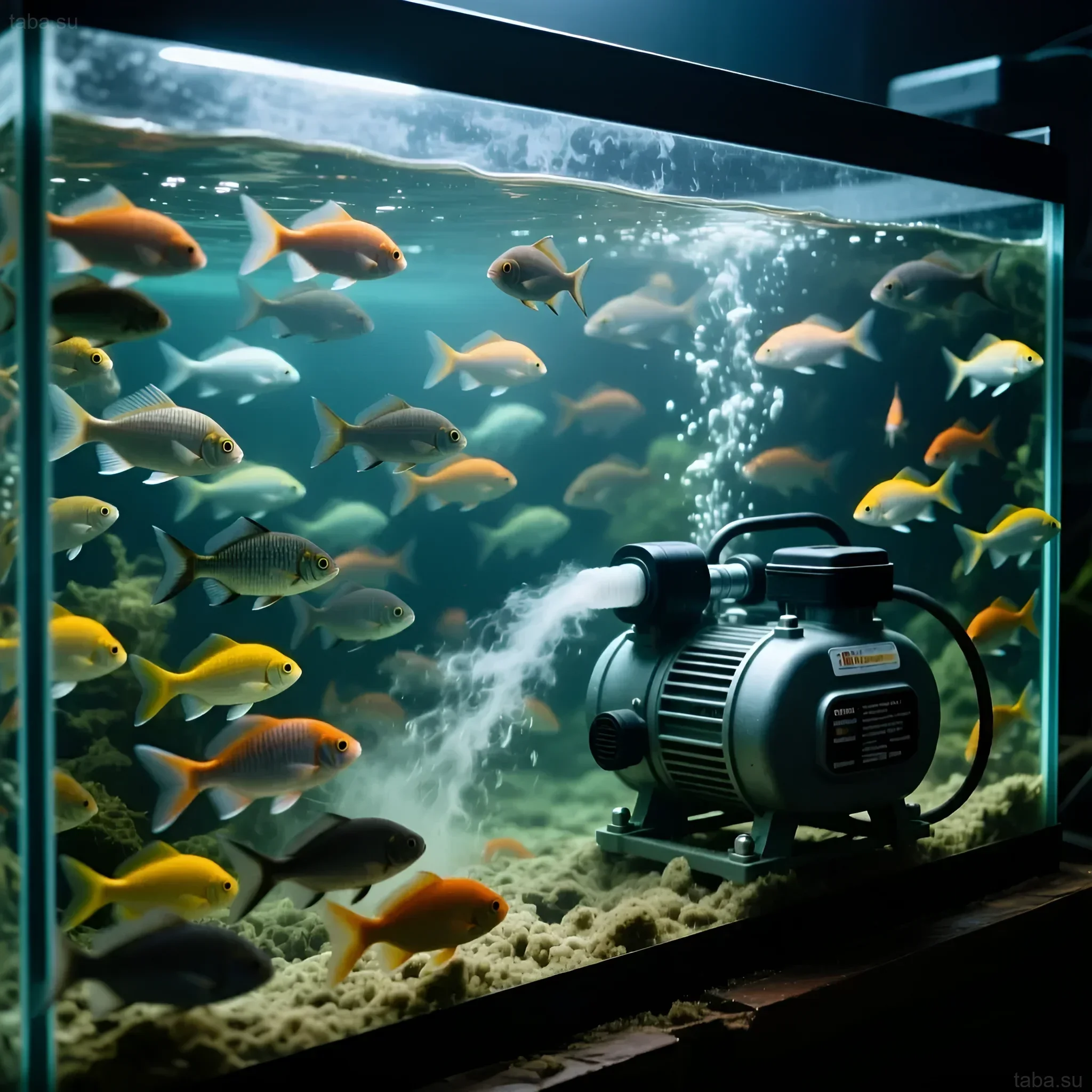 Photographie d'un aquarium densément peuplé avec un compresseur, démontrant l'importance de l'oxygène pour la santé des poissons et la stabilité de l'écosystème.