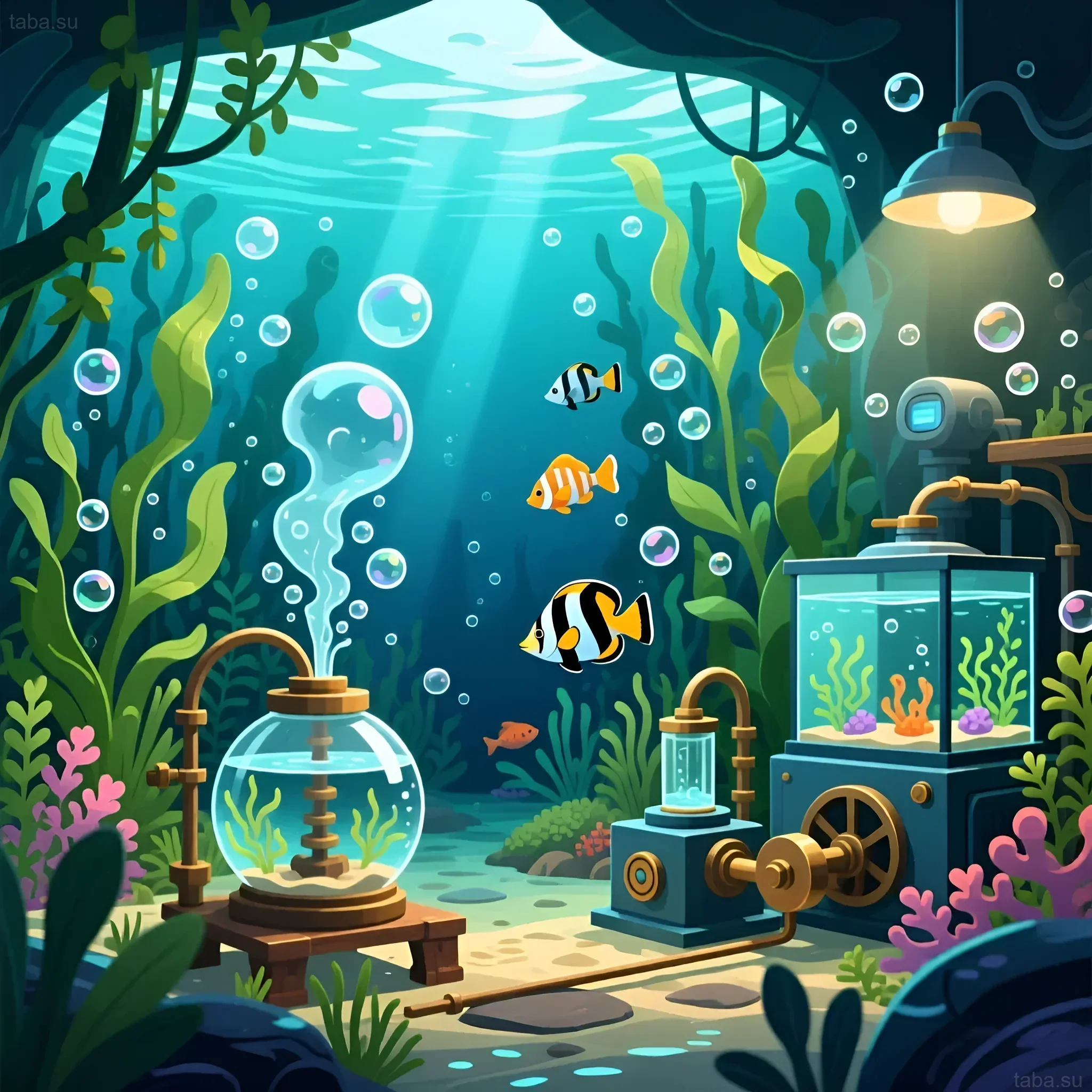 Illustration d'un aquarium de style steampunk avec un système d'aération inhabituel, démontrant l'importance de l'oxygène pour la vie des poissons et des plantes.