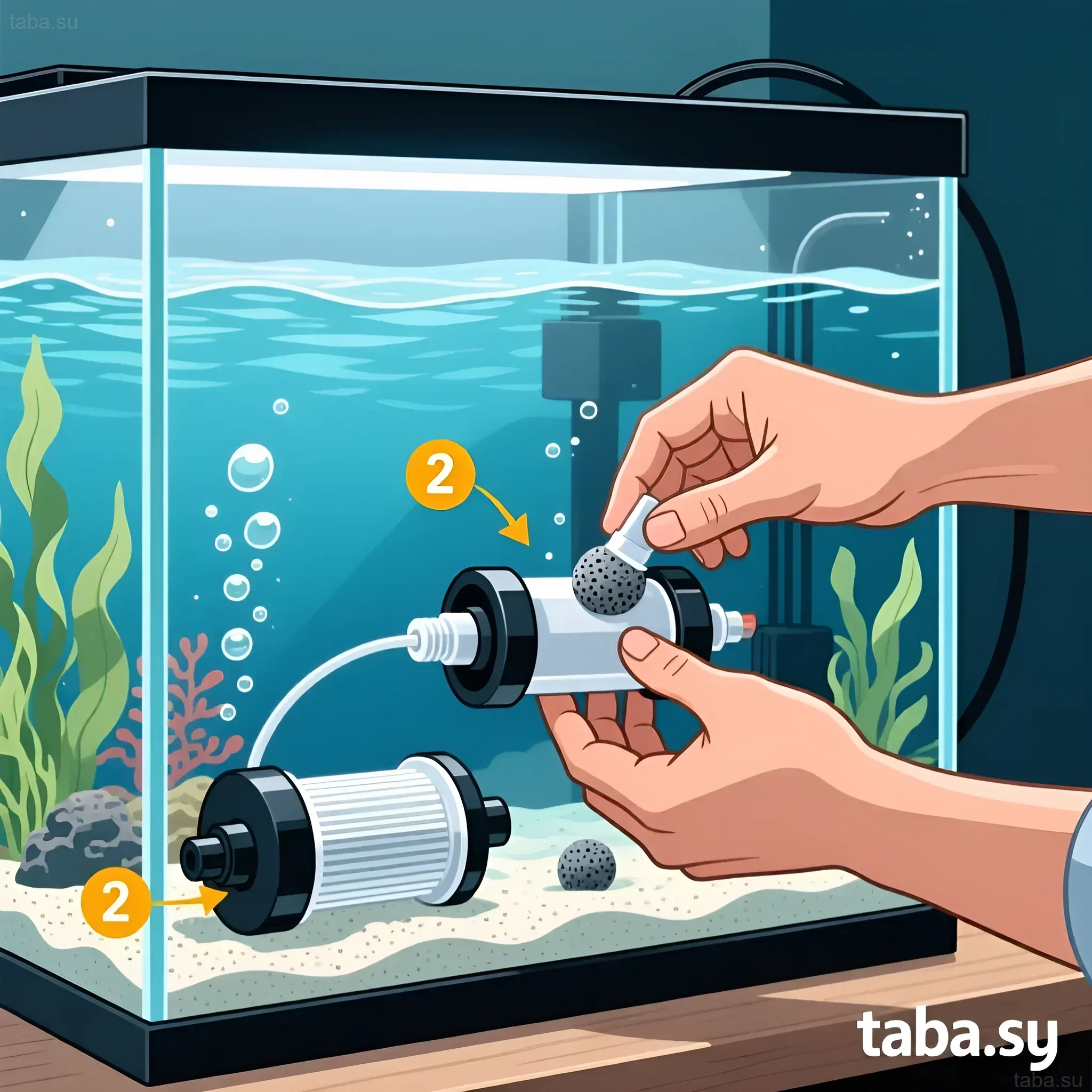 Illustration montrant l'installation d'un filtre avec aération dans un aquarium, illustrant les étapes de connexion et l'importance de la saturation de l'eau en oxygène.