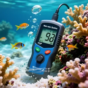 Изображение TDS-метра, измеряющего качество воды в морском аквариуме с яркими кораллами и рыбками, демонстрирует важность чистоты воды.