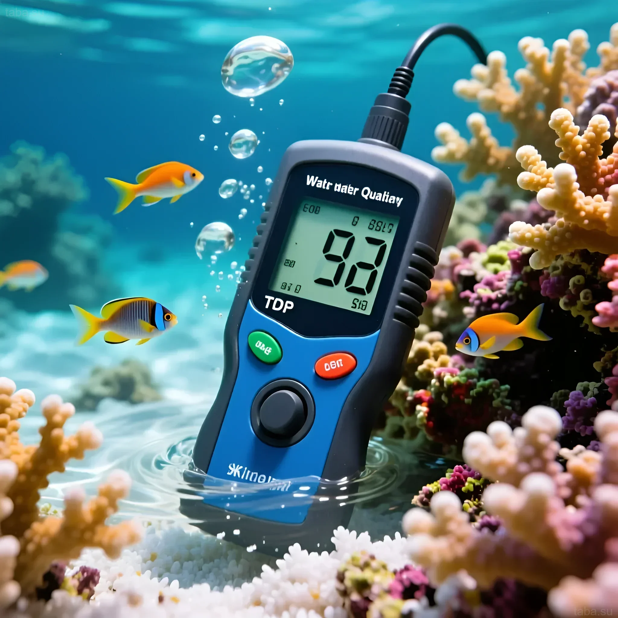 समुद्री एक्वेरियम में पानी की गुणवत्ता को मापने वाले TDS-मीटर की छवि, जिसमें चमकीले मूंगे और मछलियाँ हैं, पानी की शुद्धता के महत्व को दर्शाती है।