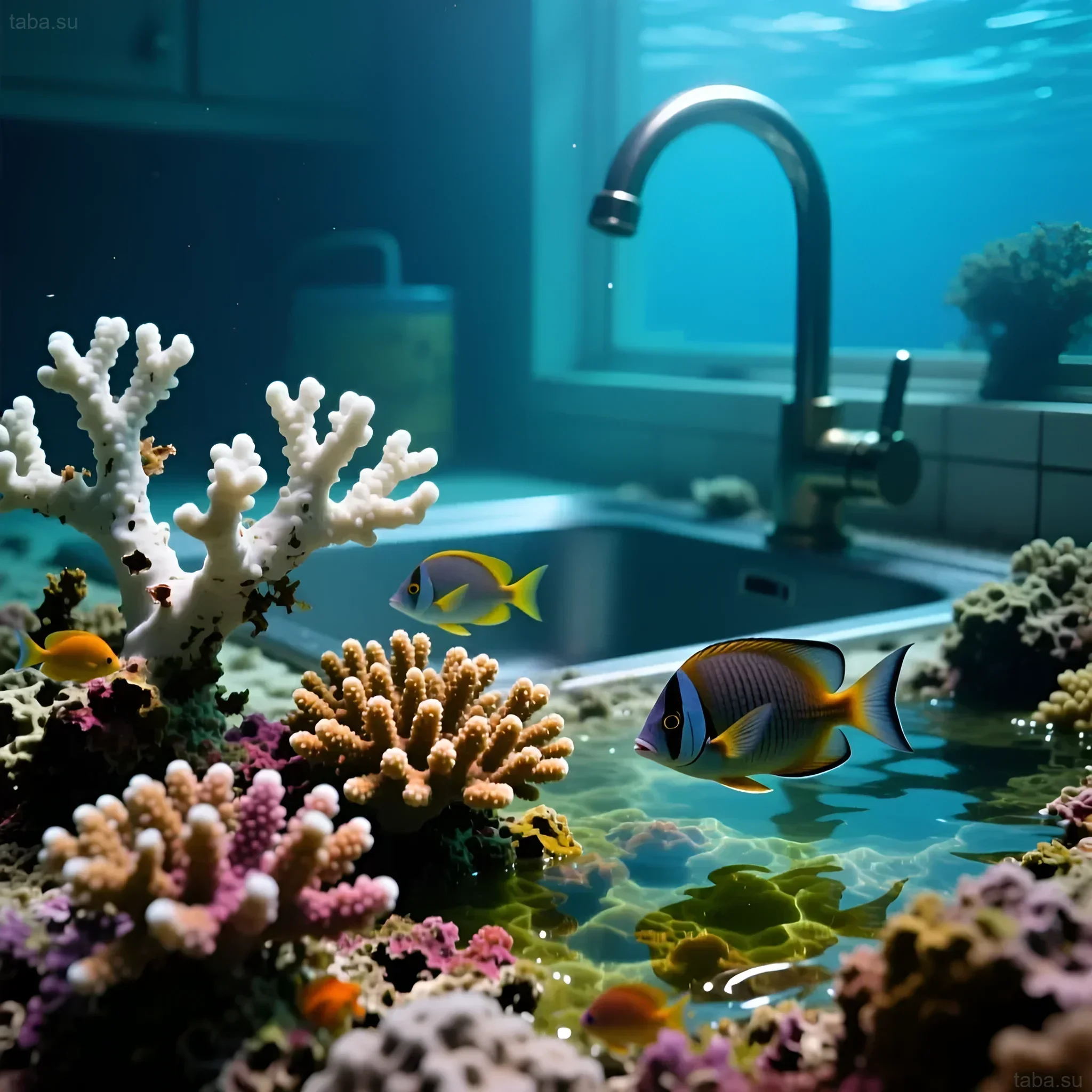 Яркий морской аквариум с кораллами и рыбами, визуально интегрированный в кухонное пространство. Подчеркивает важность чистой воды.