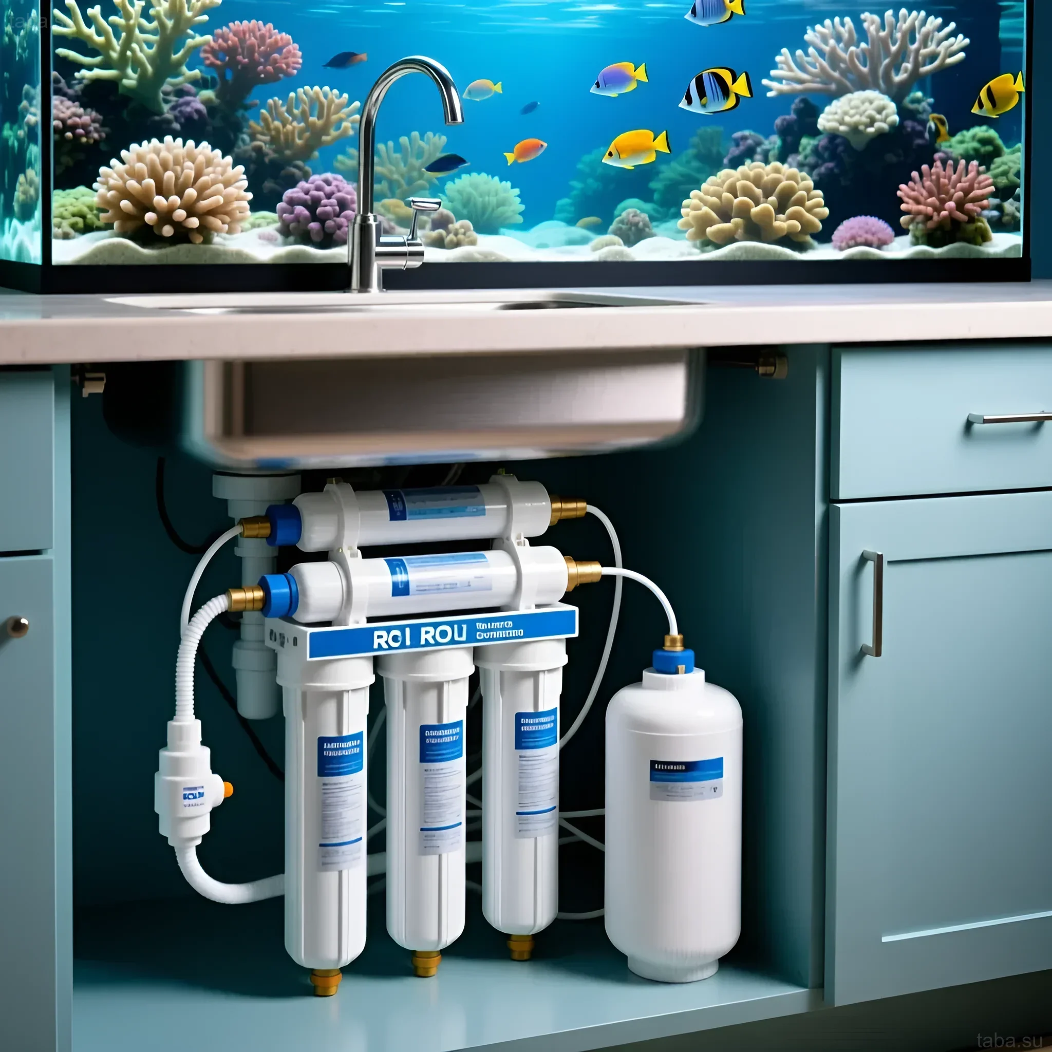 चमकीले मूंगों और मछलियों वाले समुद्री एक्वेरियम की तस्वीर, जिसके नीचे पानी को शुद्ध करने के लिए एक रिवर्स ऑस्मोसिस सिस्टम लगा हुआ है।