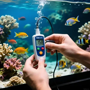 Изображение демонстрирует измерение TDS в морском аквариуме с кораллами и рыбами. Важность чистоты воды для экосистемы.
