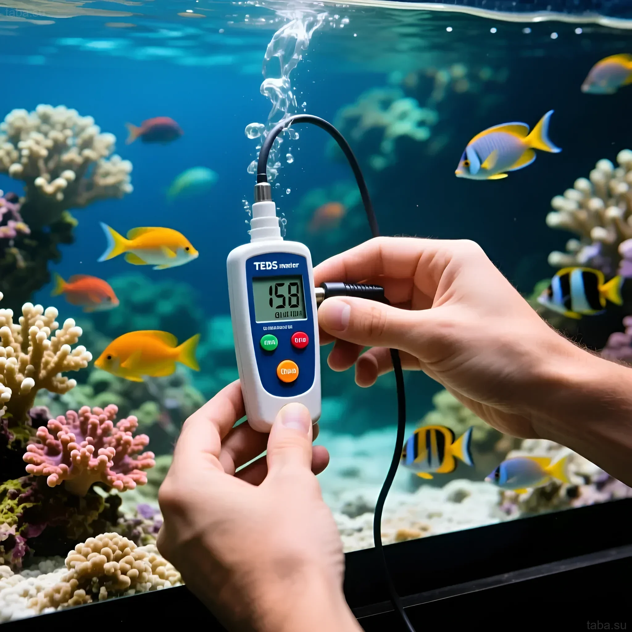 छवि समुद्री एक्वेरियम में TDS को मापने को दर्शाती है जिसमें मूंगे और मछलियाँ हैं। पारिस्थितिकी तंत्र के लिए पानी की शुद्धता का महत्व।