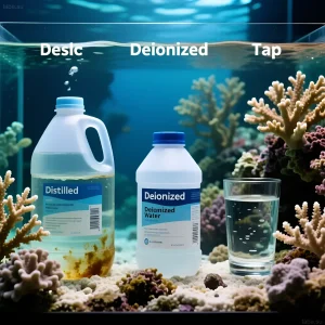 Иллюстрация демонстрирует дистиллированную, деионизированную и водопроводную воду в контексте морского аквариума с кораллами, подчеркивая важность качества воды.